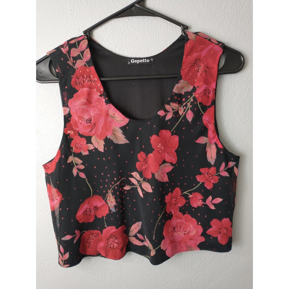 Vintage Floral Crop Top Women’s Small Black Red Sleeveless Y2K